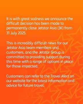 Pengumuman Jetstar Asia berhenti operasi. (Instagram @jetstarasia)